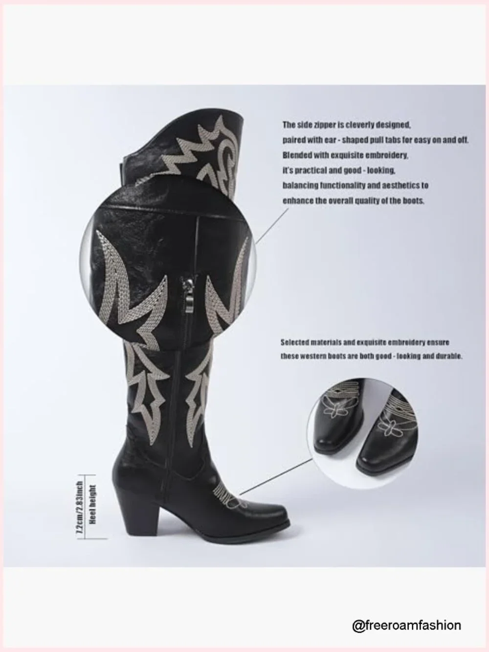 Over-the-Knee Square Toe Embroidered PU Leather Boots with Chunky Heel & Side